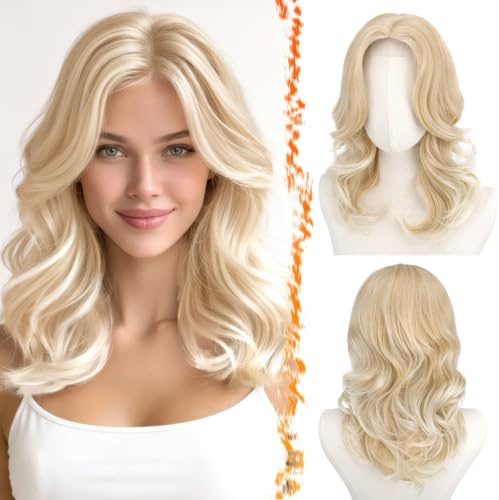 BARSDAR Kurze Gewellte Blond Perücke, Schulter Lange Blond Perücken für Frauen Kurze Lockere Wellen Layered Perücke mit Face-Framing Curtain Pony Weiche Synthetik Natürlich Aussehend
