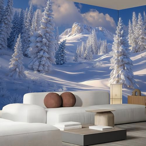 JEDTAKCT Bleu Profond Papier Peint Panoramique, Papier Peint Montagnes Enneigées Forêts Murale 400X280Cm (L X H) - Chambre Coucher D’Enfant Salon Décoration Paysage D'Hiver Photo Poster Geant Murale