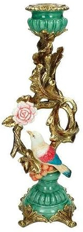 Kerzenständer Vogel & Blume, Gold, Blau & Grün, 33cm | Dekorativer Kerzenleuchter, Stilvolle Tischdeko, Wohnaccessoire