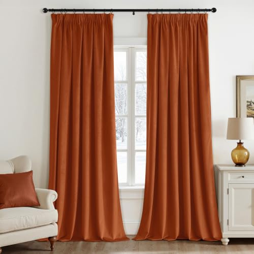 EMEMA Blickdichte Samt Vorhänge mit Kräuselband Orange-rot 2er H300xB140cm | Samt Gardinen Deko Blickdichte Vorhänge mit Kräuselband Wohnzimmer Schlafzimmer Verdunkelung Thermovorhang Samt kräuselband