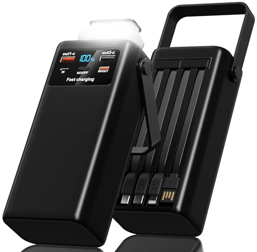 60000mAh Power Bank con 45W Carga Rápida: Batería Externa de Gran Capacidad con 4 Cables 7 Salidas, Pantalla LED y Linterna, Ideal para Camping y Actividades al Aire Libre (Negro)