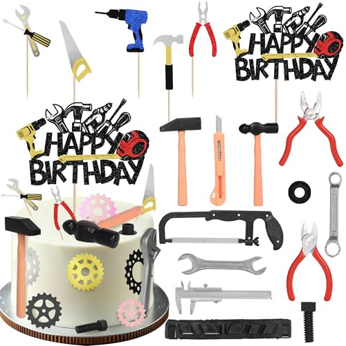Xsstarmi Tools Cake Decorations with Wrench Hammer Mechanic Drill Plier Handsaw Tape Measure Screwdrivers Cake Picks for Happy Retirement Repairman's Birthday Party Cake Decorations