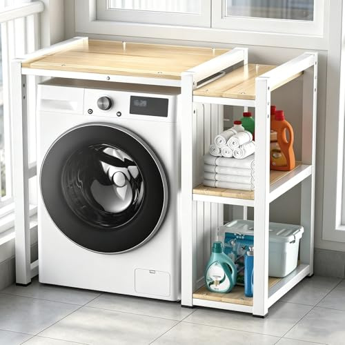 OAKVYNE Mueble Lavadora Secadora con Acabado de Madera, Estantería Lavadora con Estructura Resistente, Organizador para Lavandería, Cocina, Baño y Balcón(White)