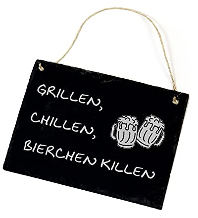 Schild Grillen Chillen Bierchen killen - Gravur Biergläser Schiefertafel 22x16cm | Dekolando