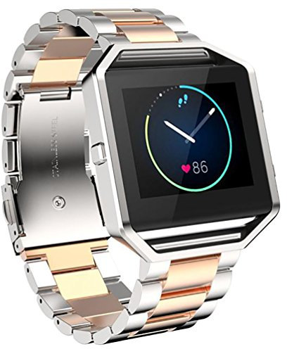 TopTen Uhrenarmband mit Rahmen kompatibel für Fitbit Blaze Smartwatch, Edelstahlarmband Ersatzzubehör Verstellbares Armband (Silver/Rose Gold)