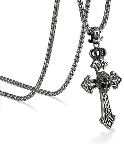 JewelryWe Schmuck Herren Halskette, Edelstahl Löwe Krone Keltisches Kreuz Anhänger mit 56cm Venezianerkette, Biker Kette, Silber