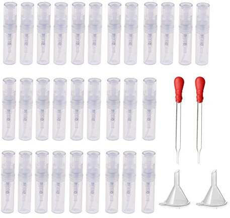 Haishell 30 Pcs Mini 2ML Atomizer Plastic Bottle Spray Refillable Perfume Empty Sample Bottle With 2 Mini Plastic Funnels and 2 Glass Droppers for Travel Party Portable Makeup Tool