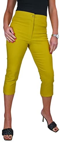 icecoolfashion Womens High Waist Skinny Stretch Pedal Pushers Cropped Trousers Ladies Work Office Crop Capri Pants Formal 3/4 Length Mustard Yellow 8-22 (16)