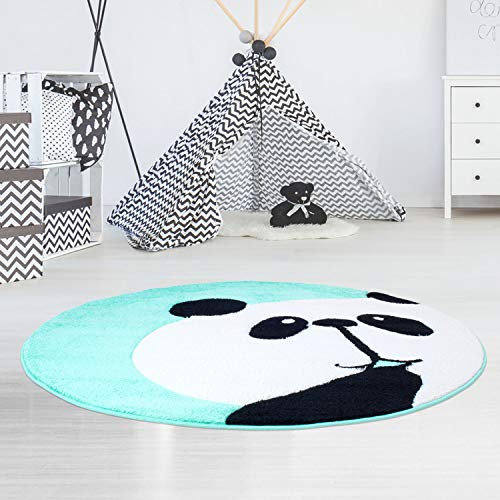 carpet city Kinderteppich Panda-Bär Mint - 160 cm Rund - Teppich Tier-Motiv Kinderzimmer für Mädchen und Jungen