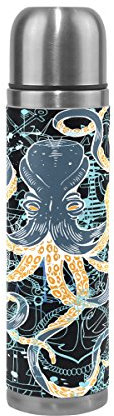Eslifey Wasserflasche mit Kraken- und Ankermalerei, auslaufsicher, isoliert, Vakuum-Thermoskanne aus Edelstahl