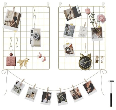 SONGMICS Wandgitter für Foto, Metall Wandgitter-Panel, DIY Draht Foto hängen Display, 2 Stück mit S-Haken, Clip, Hanfschnur, 16,5 x 12,2 Zoll, Golden ULPP01GD