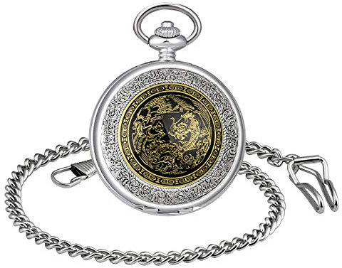 Unendlich U Fashion Retro Handaufzug Mechanische Taschenuhr Chinesisch Drache-Totem Weißes/Schwarzes Zifferblatt Hohle Skelett Kettenuhr Pullover Halskette Geschenkbox für Weihnachten Vatertag