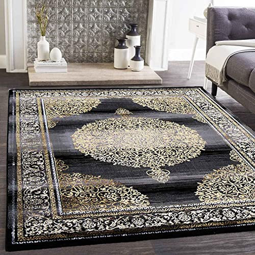 VIMODA Designer Teppich Orientalisch Grau Gold Elegant Orientalisch Glanz, Maße:120x170 cm