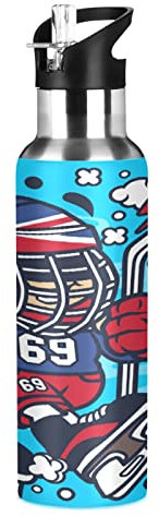 Vnurnrn Dessin Animé Mignon De Sport De Rugby Bouteille d'eau Isotherme avec Paille en Acier Inoxydable Gourde 600ML, Sans Bpa Gourdes Eau pour Enfant Sport Randonnée École Bureau