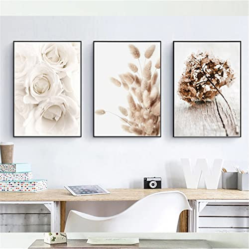 RAILONCH 3er Moderne Poster Set Stilvolle Pfingstrose Blumen Wandbilder Boho Beige Natur Pampasgras Bilder Ohne Rahmen Kunstposter Home Deko (50 x 70 cm)