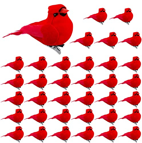 36 Pcs Valentine Decor Red Cardinal with Clip on Christmas Tree Mini Ornament Red Feather Faux Birds Decorations Bird Craft Ornament for Christmas Tree Home Outdoor Wreath Arts Decor(Classic Style)