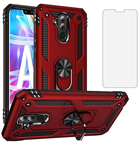 Asuwish Funda para Huawei Mate 20 Lite con Cristal Templado Protector Pantalla Vidrio Pelicula Protectora Magnética Anillo Soporte TPU Silicona Hawaii Mate20 20Lite SNE-LX1 Móvil Tapa Capa Case Rojo