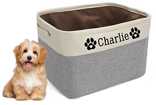 TEAYASON Personalised Dog Toy Box Storage Basket Bin with Handles, Custom Pet's Name Collapsible Food Storage Box, Storage Basket for Organizing Dog Toys, Clothes and Accessories (Grey)