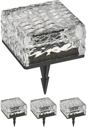 ledscom.de 4 Stück LED Solar-Pflasterstein Bodeneinbauleuchte BROSLO mit Erdspieß für außen, Glas, 10 x 10cm, warmweiß