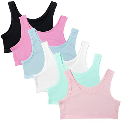 Channo Sujetador de Niña Algodón Top Básico sin Aros Regreso a la Escuela con Tirantes Anchos. Pack de 6 Sujetadores. Lisos. Talla M (10-12 años, 140-152 Altura)