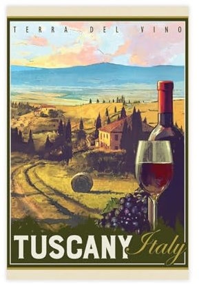 GUyfam Vintage-Reiseposter Italien Toskana Terra Del Vino Retro Poster 4 Leinwand Poster Schlafzimmer Dekor Sport Landschaft Büro Zimmer Dekor Geschenk 20 x 30 cm