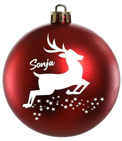 Weihnachtskugel Rentier mit Name Bedruckte aus Glas 8cm Wunschtext | Matt &Glänzend Personalisierte Christbaumkugel Groß | Weihnachten, Weihnachtsbaumschmuck | Kugeln (Matt, Rot)