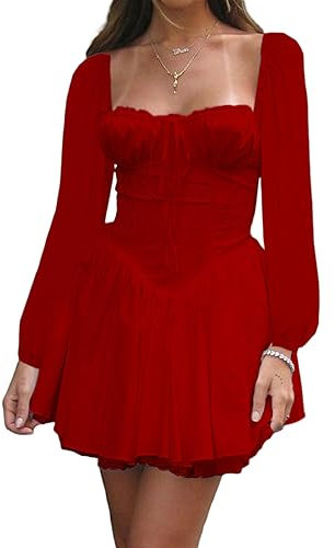 Women Ruffle Mini Dress Off Shoulder Puff Sleeve Flared Corset Short Dress Smocked Flowy Swing Y2K Fairy Dress(D-Red,S)
