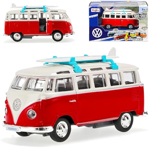Generisch Volkwagen T1 Rot Weiss mit Dachfenster und Surfbrett Flower Power Samba Bully Bus 1950-1967 ca 1/43 Modell Auto