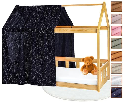 Lovely Hippo Hausbett Himmel - 100% Baumwolle - Betthimmel Hausbett aus Musselin - Bett Vorhang Kinderbett - Himmelbett Vorhänge 90x200cm (Nachtblau/Gold, 120 x 370 cm (1er Set))