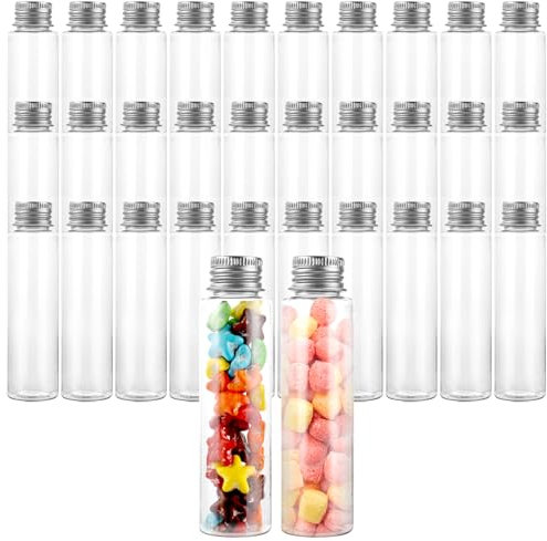MUXHEL 32 Stück Reagenzgläser Kunststoff, 50ml Transparent Reagenzglas mit Schraubverschluss, reagenzgläser für Blumenvase Beads Süßigkeiten-30 x 100MM