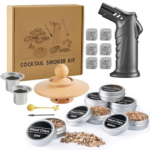 Whisky Smoker Set Cocktail mit verbessertem Brenner 6 Granitsteine | Männergeschenk Geburtstag, Whisky Geschenkset, Cocktail Zubehör, verbesserter Brenner, 6 Granitsteine, ohne Butangas