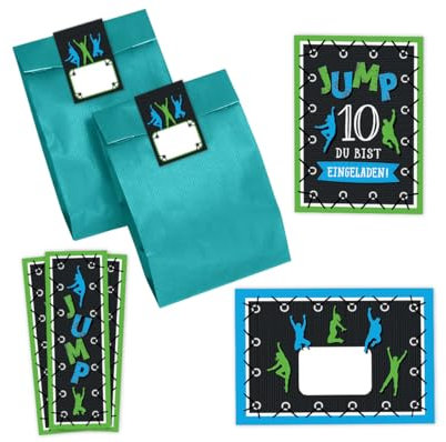 Minkocards 12 Einladungskarten zum 10. Kindergeburtstag Junge Mädchen Jump Trampolin Einladungen zehnte Geburtstag incl. 12 Umschläge, 12 Partytüten/petrol, 12 Aufkleber, 12 Lesezeichen