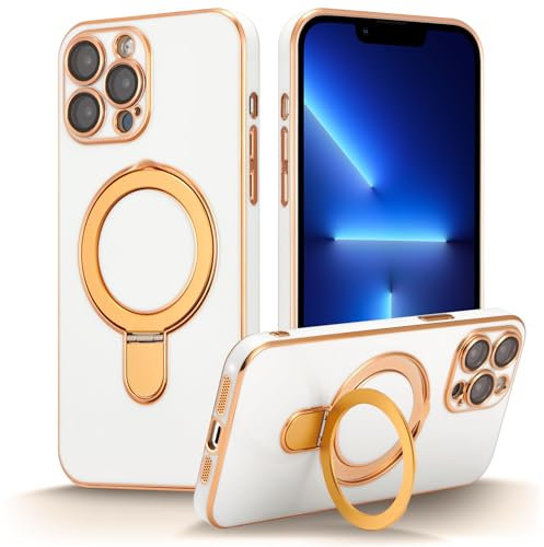 ZCDAYE Magnetic Case for iPhone 13 Pro Max with Invisible Stand, [Compatible with MagSafe] [Full Lens Protection] Plating Kicktsand Solid TPU Case Cover for iPhone 13 Pro Max (6.7 inch),White