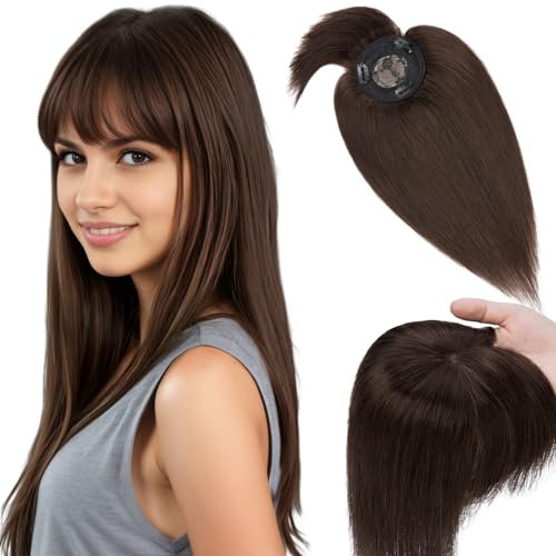 Elailite Hair Topper Echthaar, Toupet Damen mit langem Pony, Clip in Haarteil, Haartopper Basis 10x10cm (keine Zeile), 35cm #2 Dunkelbraun