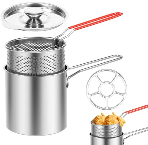 Deep Fat Fryer Set with Strainer Basket and Extended Handle, Stainless Steel Mini Deep Fryer Pot with Lid, Oil Saving Small Fryer for Frying Fish Shrimp Chicken and Fries(Pot+basket+lid+oven rack)
