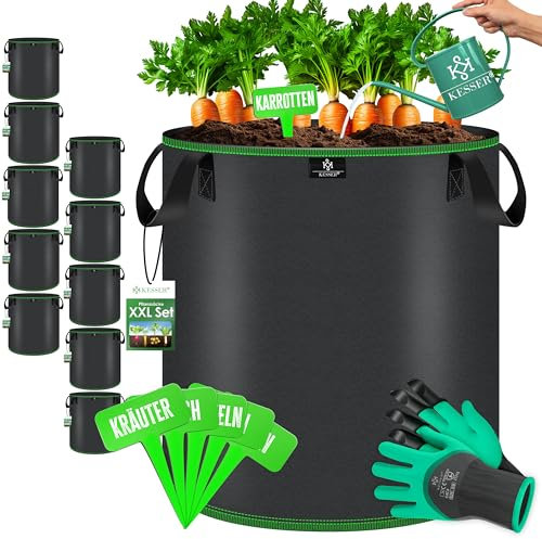 KESSER® Pflanzsack 60 Liter - 10er Set | Pflanzsäcke aus Vlies-Stoff inkl. Schildchen & Gartenhandschuhe | Kartoffel-Pflanztasche mit Fenster & Griffen | Pflanzbeutel für Gemüse Blumen Früchte Schwarz