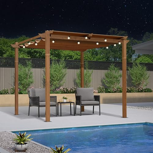 PURPLE LEAF Pergola 3 x 3 m Holzoptik Pavillon aus Aluminium mit Schiebedach Pergola Wasserdicht Beige mit Warmweiß Lichterkette Außen Wetterfest