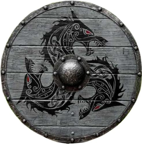 EXNOT Wikinger Schild Mittelalter Fenrir Grau Wolf Schild Authentic Bettleworn Viking Battle Ready Shield Handmade Battle Warrior Shield Voll funktionsfähiger Schild für Kampf 61cm Durchmesser