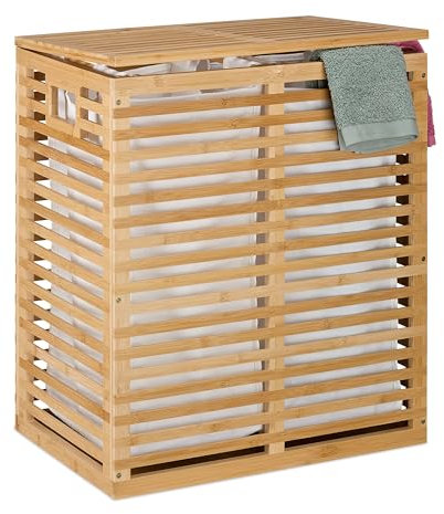 Relaxdays Wäschekorb mit Deckel, 2 herausnehmbare Säcke, je 44 l, HBT: 61x53x35 cm, Wäschesammler Bambus, Natur/beige