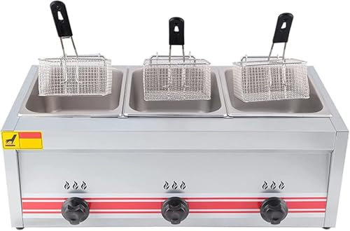 Friteuse à gaz professionnelle GPL, friteuse commerciale en acier inoxydable avec paniers et couvercles de friteuse, pour la cuisine à domicile de restaurant commercial,TripleCylinder10L+10L+10L