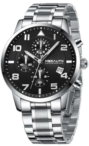 MEGALITH Armbanduhr Herren Chronograph Sport: Silber Edelstahl Analog Quarz - Militär Wasserdicht Datum Schwarz Uhren für Männer