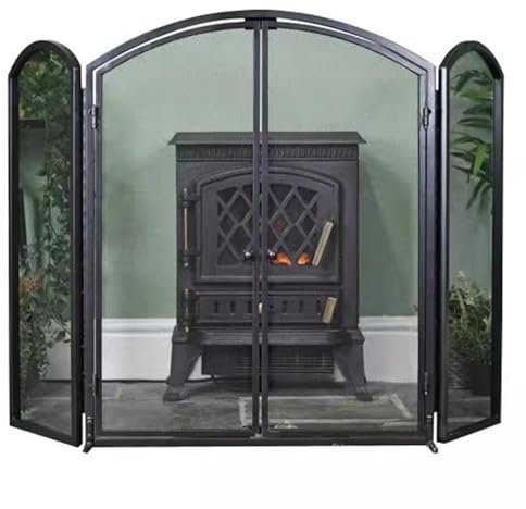GTPBAO Salvachispas Chimenea Mampara para Chimenea De 3 Paneles con Puertas Dobles, 123×80cm, Rejilla Protectora contra Chispas De Hierro Forjado para Sala De Estar, Hogar, Negro