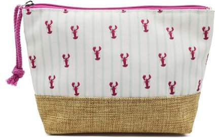PONETTE - Neceser de Mujer Grande de Verano, Tejido Crudo con Rayas Turquesa, Estampado Langostas, Base de Rafia, Cremallera y Tirador a Contraste Fresa, Ideal Playa, Piscina, Viaje, Marca Española