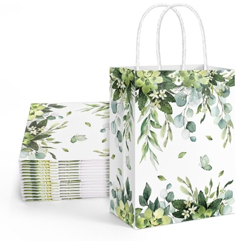 FYSUIMU 16 Pcs Eucalyptus Paper Gift Bags Succulent Greenery Leaves Party Favor Bags with Handle Watercolor Goodie Candy Treat Bags for Spring Wedding Birthday Bridal Shower
