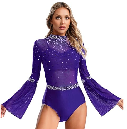 MSemis Balletto Body Danza Classica Donna Manica Svasata Strass Leotards Body Ginnastica Ritmica Bodysuit da Pattinaggio Artistico Costume da Danza Samba Rumba Salsa Viola M