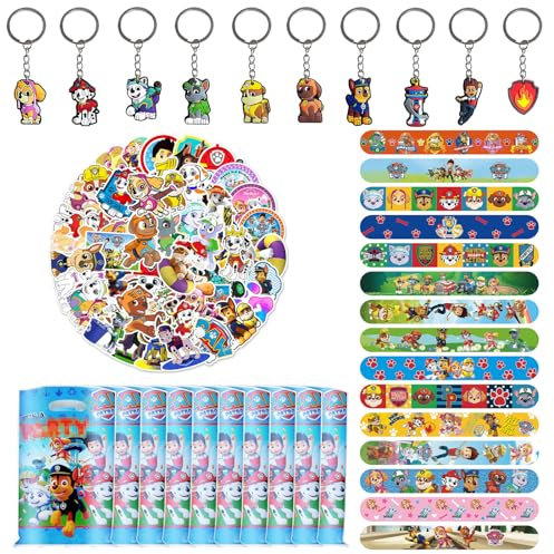 Dowdiles 82 Stück Party Mitgebsel Kindergeburtstag,Geburtstag Mitgebsel,Kindergeburtstag Mitgebsel set,10 Geschenktüten,50 Sticker,10 Schlüsselanhänger,12 Schnapparmbänder (Stil 3)