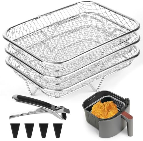 Rzspher 3 Stück Gitter für Heißluftfritteuse, 3 Lagig Stapelbares Luftfritteusen Regal, 304 Edelstahl, mit 4 Silikonfüßen 1 Pinzette, für Backofen Airfryer Zubehör Rechteckig