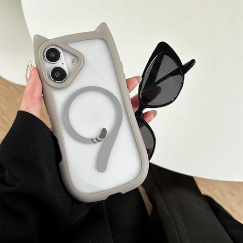 Tybiky Magnetische Hülle Kompatibel mit iPhone 12 Mini Schutzhülle Niedliche 3D Ohren Handyhülle Katzenschwanz Cartoon Design Weiche TPU+Stoßfest Acryl Transparent Case für Damen Mädchen, Grau