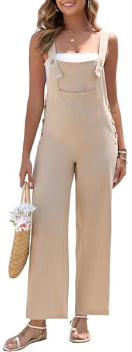 HOTIAN Salopette da donna in lino, estivo, elegante, in lino, lungo, casual, con grandi tasche, beige., L
