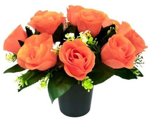 Beautiful Orange Rose Artificial Flowers in Grave Flower Pots – UV Resistant, Realistic, Long-Lasting Design for Cemetery Decorations, Grave Displays, Home & Garden Memorial Arrangements (Orange)